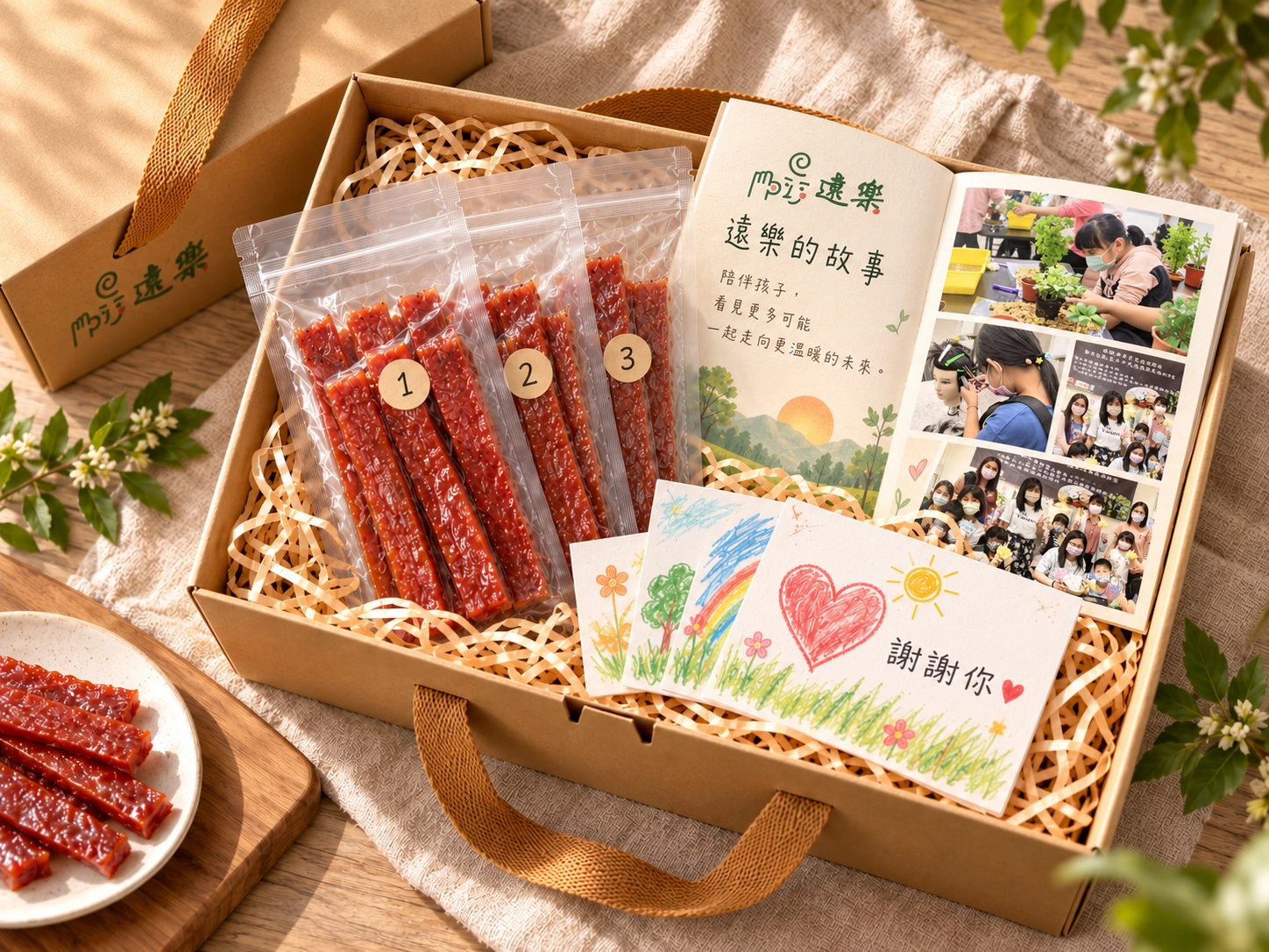 肉乾公益禮盒內容：肉乾、遠樂故事書與祝福小卡